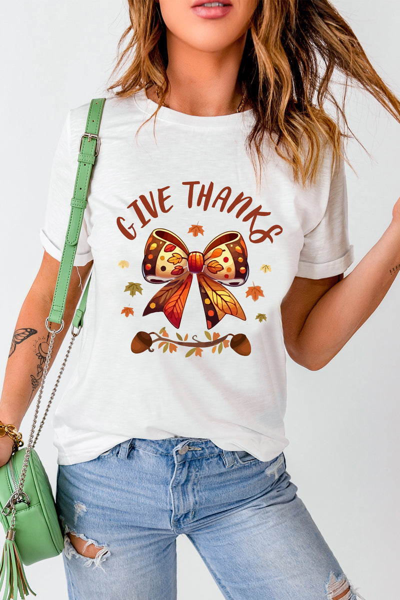 White GIVE THANKS Bowknot Graphic Cuffed Sleeve T Shirt