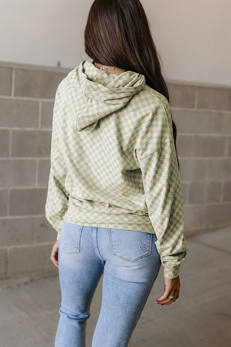 Khaki Checkered Print Kangaroo Pocket Drawstring Hoodie