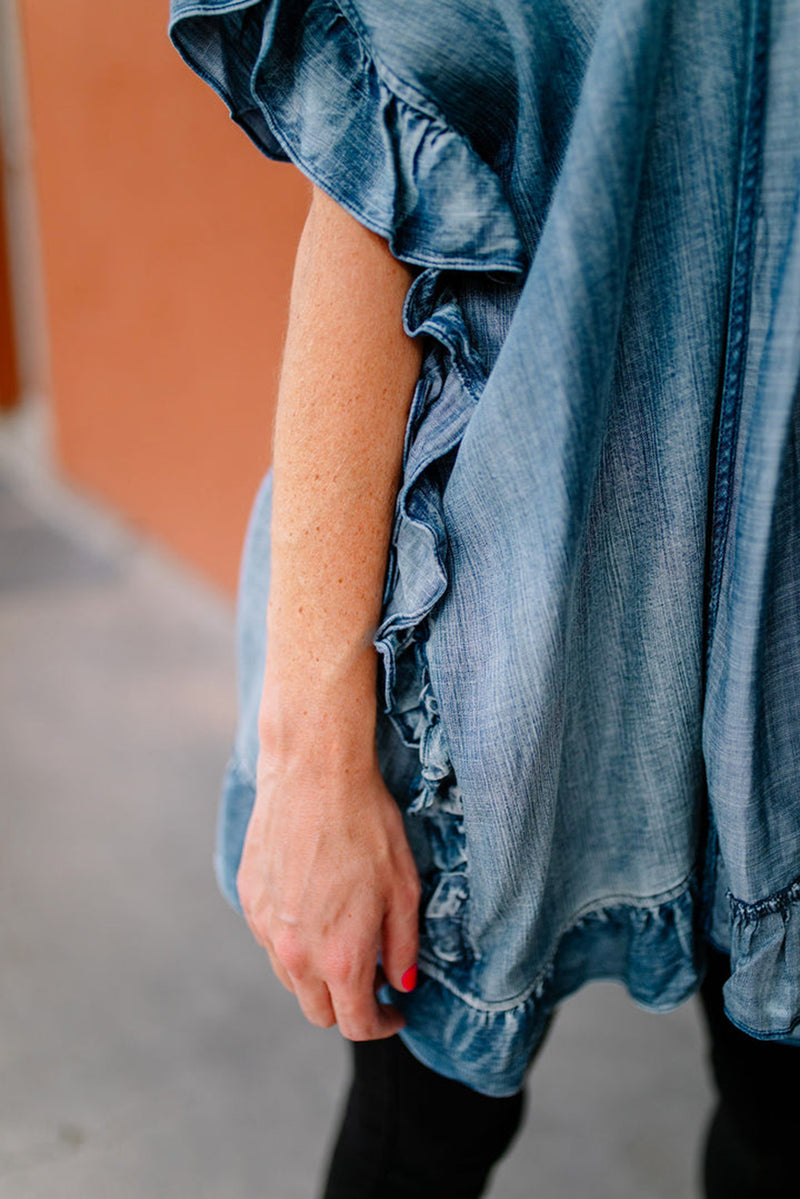 Dusk Blue Chambray Ruffle Hem Half Sleeve Open Loose Kimono