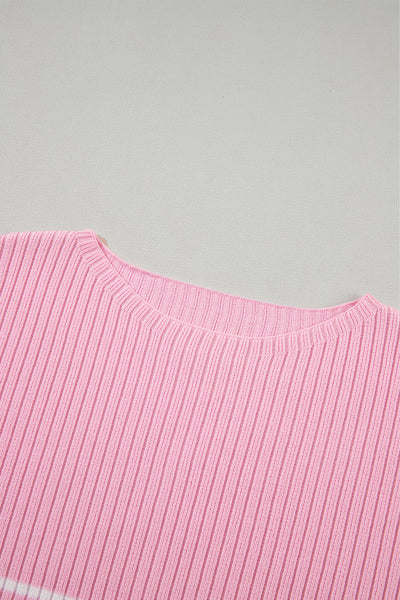 Pink Stripe Ribbed Loose Plus T Shirt