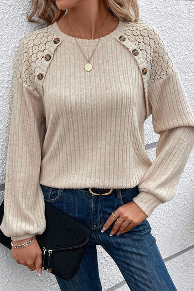 Contrast Lace Raglan Sleeve Buttoned Ribbed Top