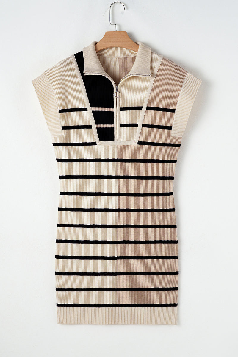 Brown Stripe Color Block Quarter Zip Collar Short Sleeve Sweater Dress