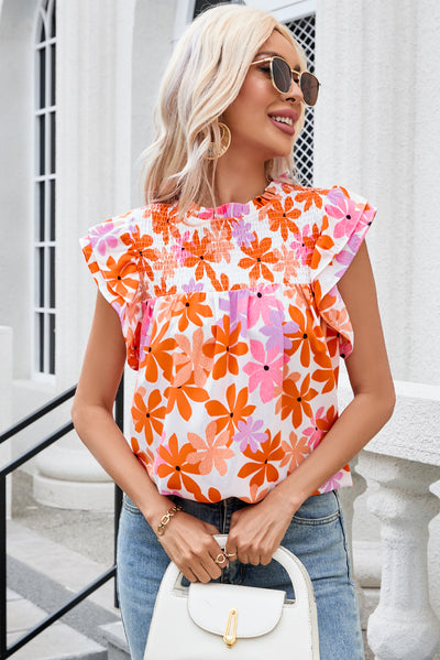 Orange Ruffled Sleeve Smocked Floral Top