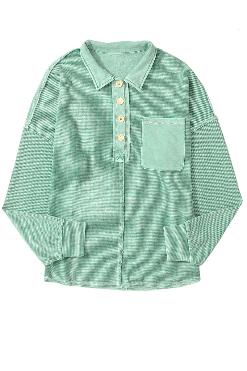 Laurel Green Waffle Exposed Seam Pocket Henley Sweatshirt