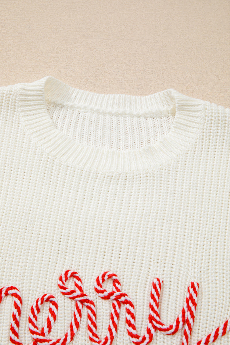 White Striped Merry Bright Letter Christmas Sweater