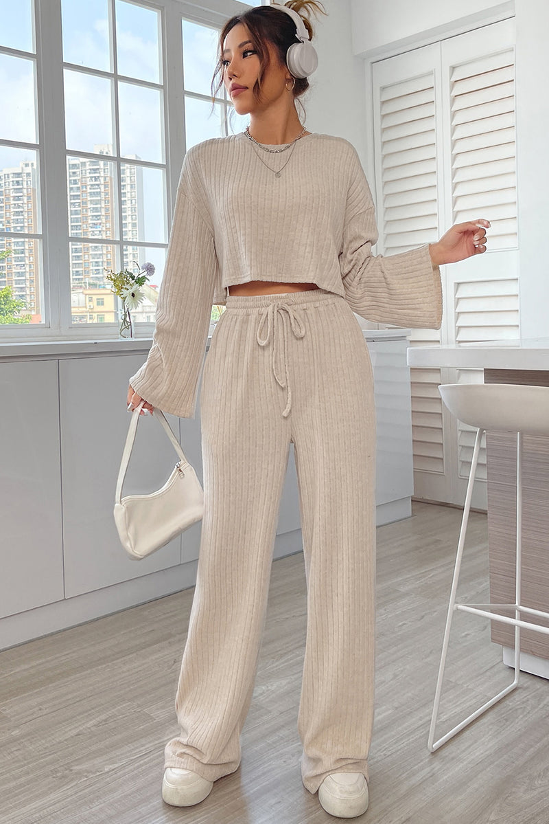 Khaki Ribbed Knit Bell Sleeve Crop Top Drawstring Pants Set