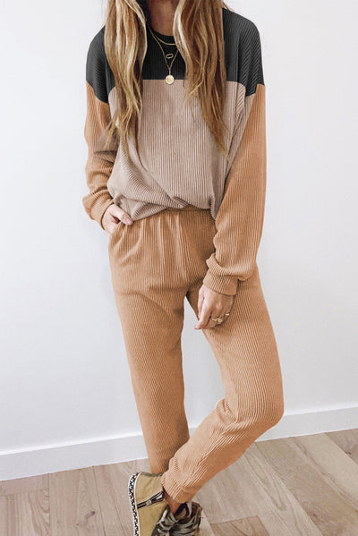 Corded 2pcs Colorblock Pullover and Pants Outfit