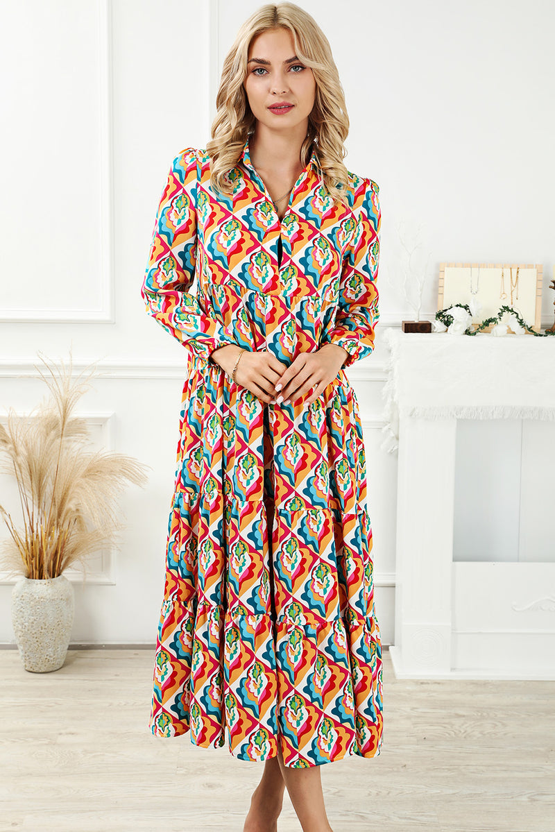 Multicolor Long Sleeve High Waist Dress