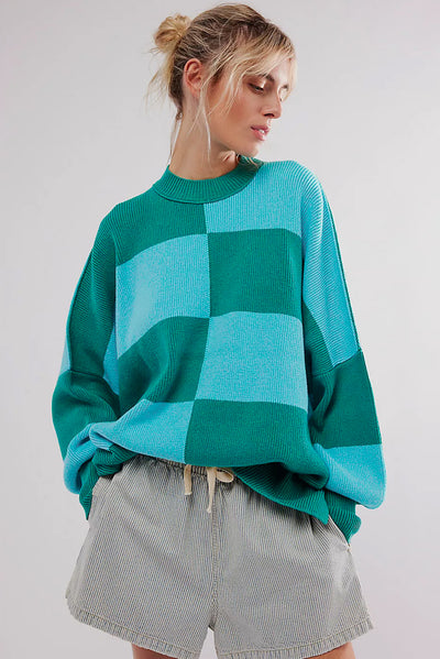 Checkered Side Slits Drop Shoulder Oversized Sweater