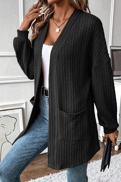 Textured Knit Side Pockets Open Front Cardigan