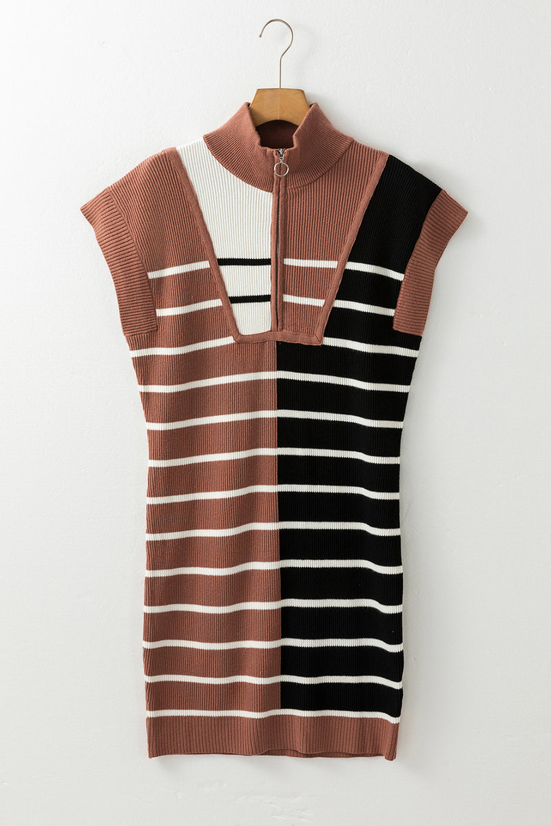 Brown Stripe Color Block Quarter Zip Collar Short Sleeve Sweater Dress