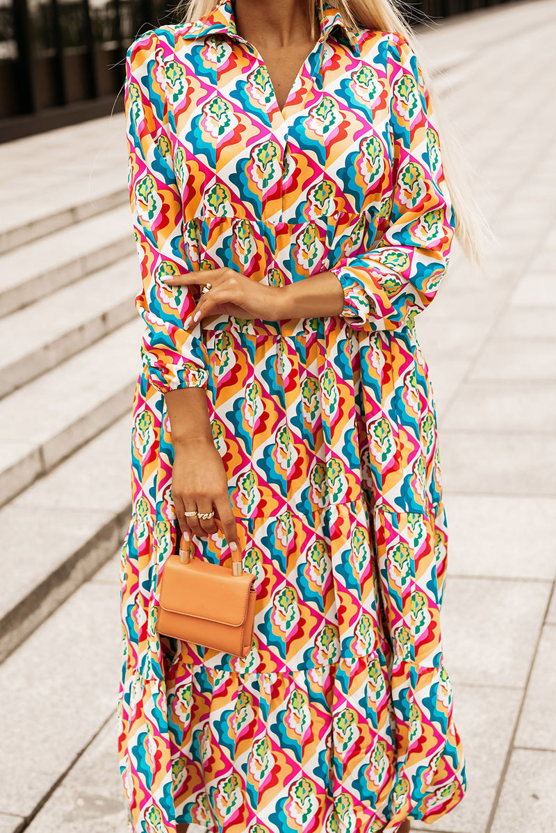 Multicolor Long Sleeve High Waist Dress