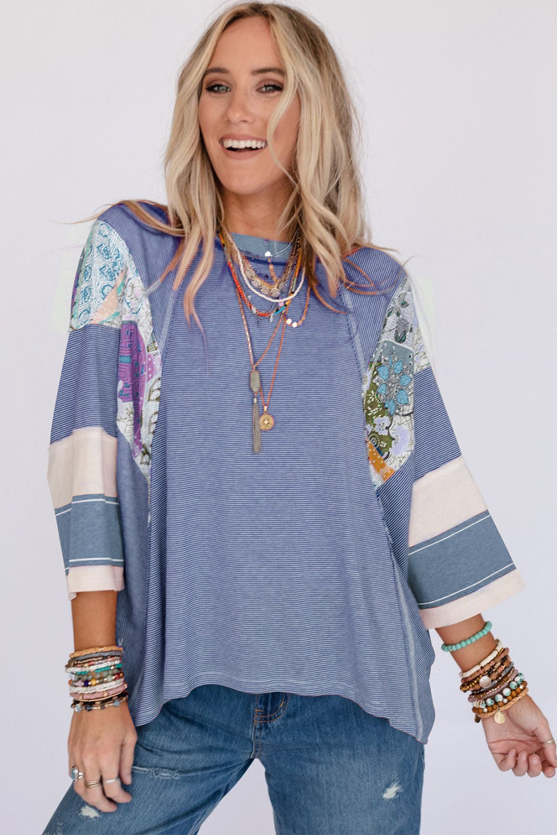 Sky Blue Printed Pinstriped Color Block Patchwork Oversized Top