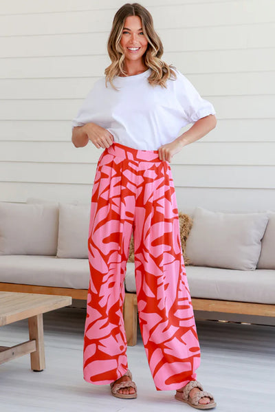 Strawberry Pink Abstract Palm Printed Ruffled Top and Wide Leg Pants Set