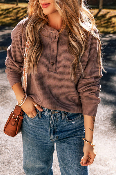 Chestnut Textured Knit Henley Long Sleeve Top