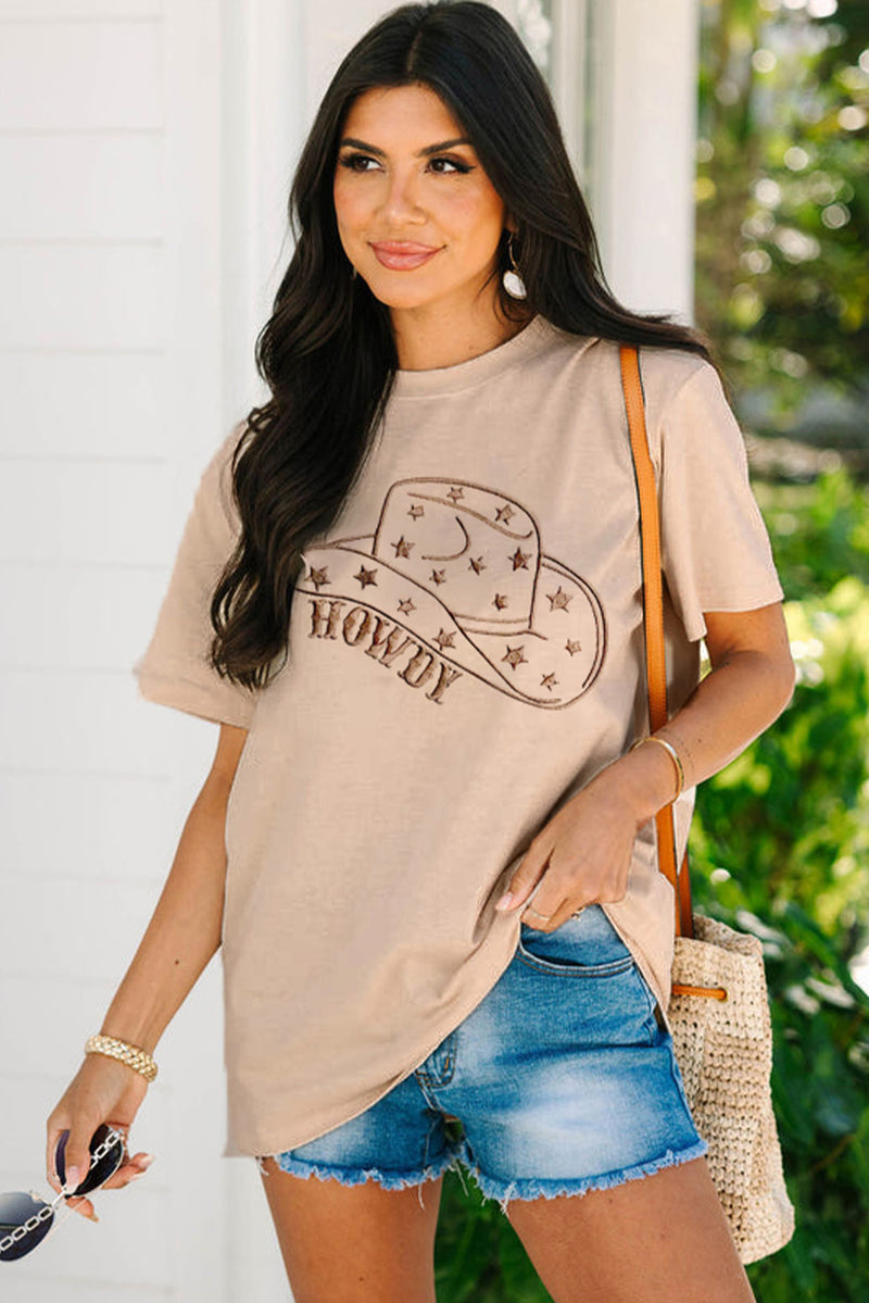 Khaki HOWDY Cowboy Hat Embroidered Graphic Tee