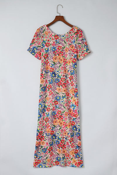 Multicolor Long Floral Print Short Sleeve Holiday Dress