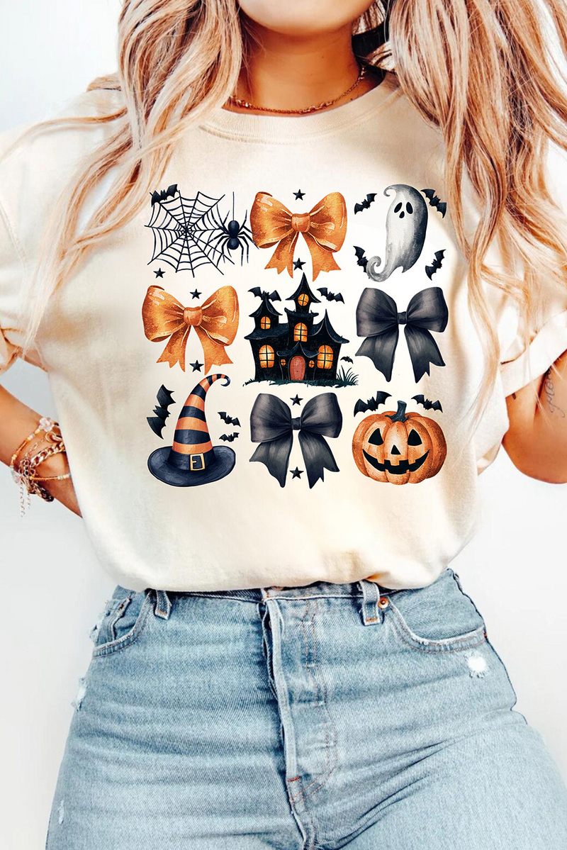 White Bowknot Pumpkin Ghost Halloween Print Round Neck T Shirt