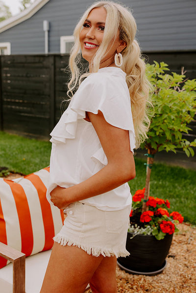 White V Neck Pleated Front Ruffled Sleeve Shirt