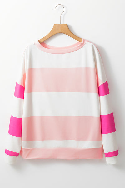 Rose Red Colorblock Striped Drop Shoulder Long Sleeve Top