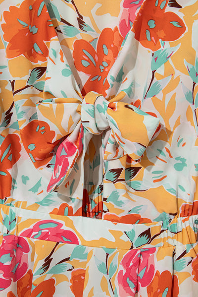 Orange Blooming Floral Print Front Tie Romper