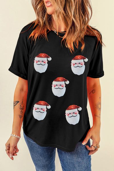 Red Sequin Christmas Claus Pattern Crewneck T Shirt