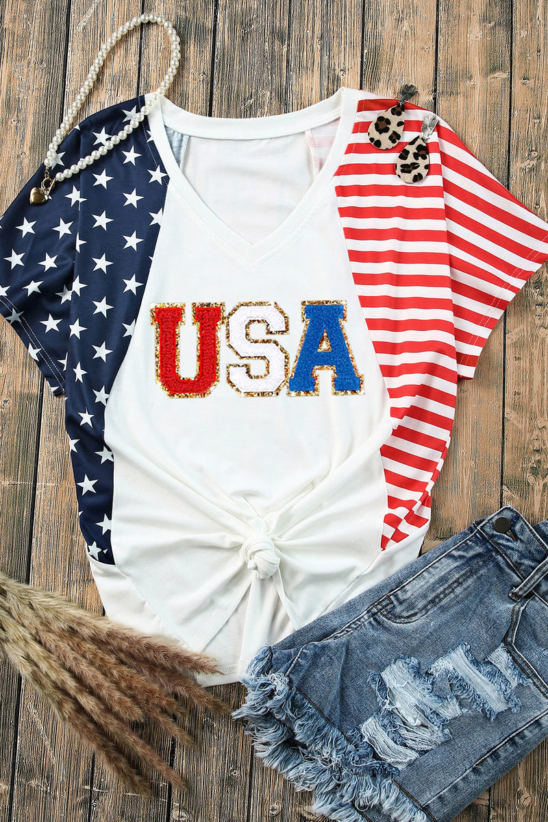 White Chenille USA Stars and Stripes Printed V Neck T Shirt