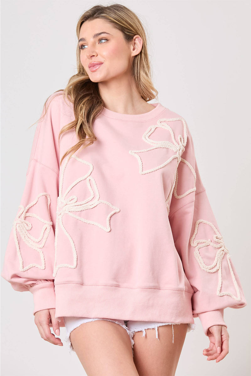 Light Pink Bow Thread Embroidery Ribbed Edge Sweatshirt