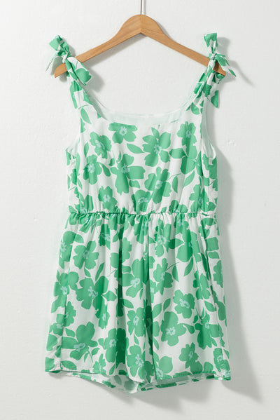 Green Flower Print Knotted Straps Square Neck Romper