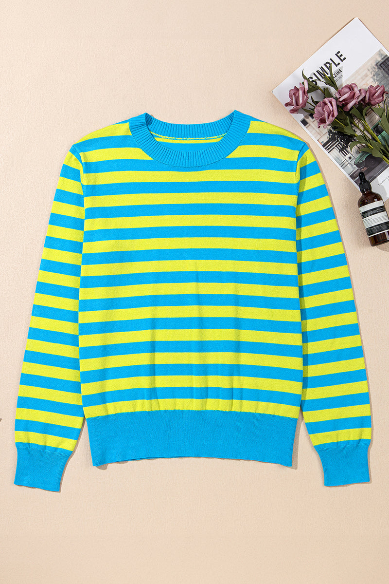 Green Stripe Crew Neck Drop Shoulder Casual Sweater