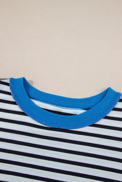 Sky Blue Stripe Oversized Contrast Trim Exposed Seam High Low T Shirt