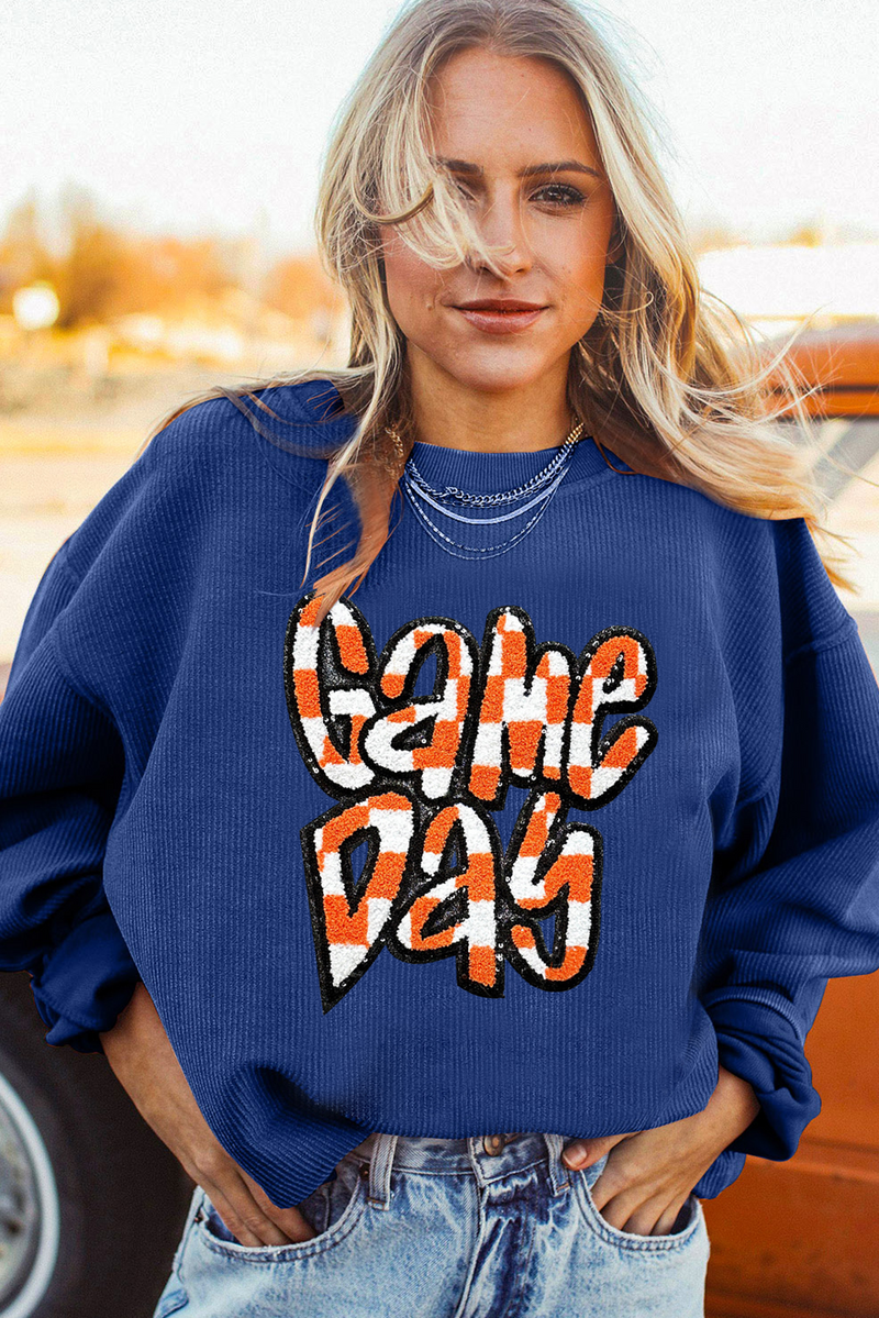 Dark Blue Chenille Checkered Game Day Graphic Drop Shoulder Corded Sweatshirt