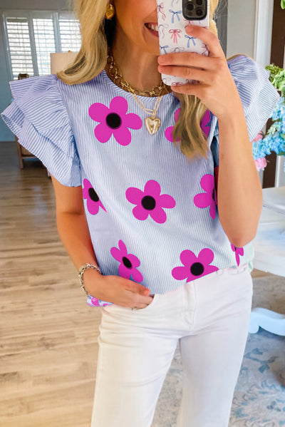 Sky Blue Pinstripe Floral Print Ruffled Flutter Sleeve Blouse