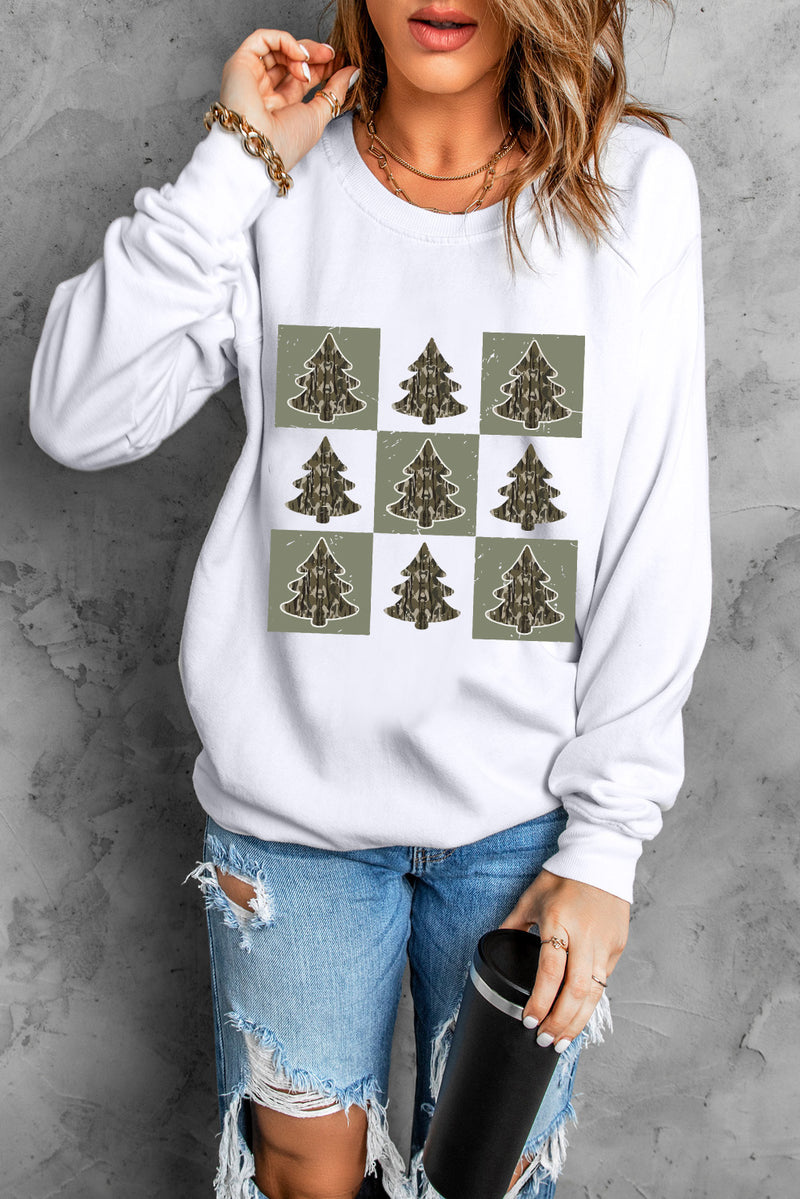 Beige Christmas Tree Checker Print Drop Shoulder Sweatshirt