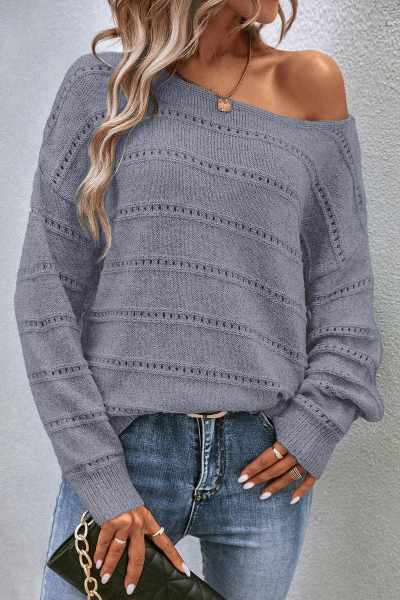 Boat Neck Drop Shoulder Pointelle Knit Sweater