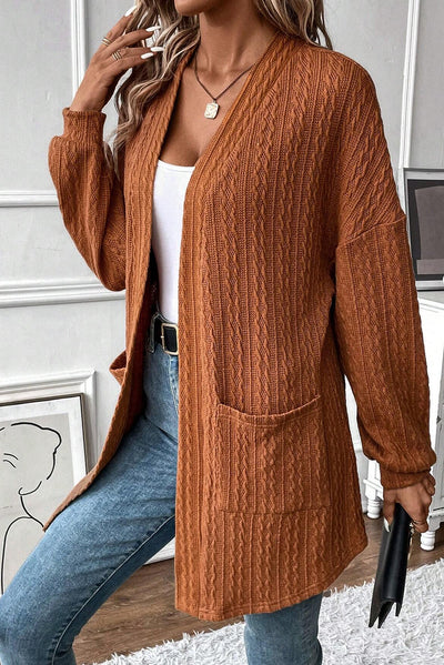 Textured Knit Side Pockets Open Front Cardigan