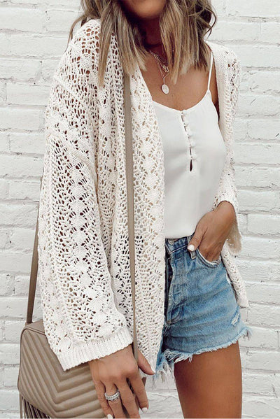 White Stylish Hollow Out Knit Drop Shoulder Cardigan