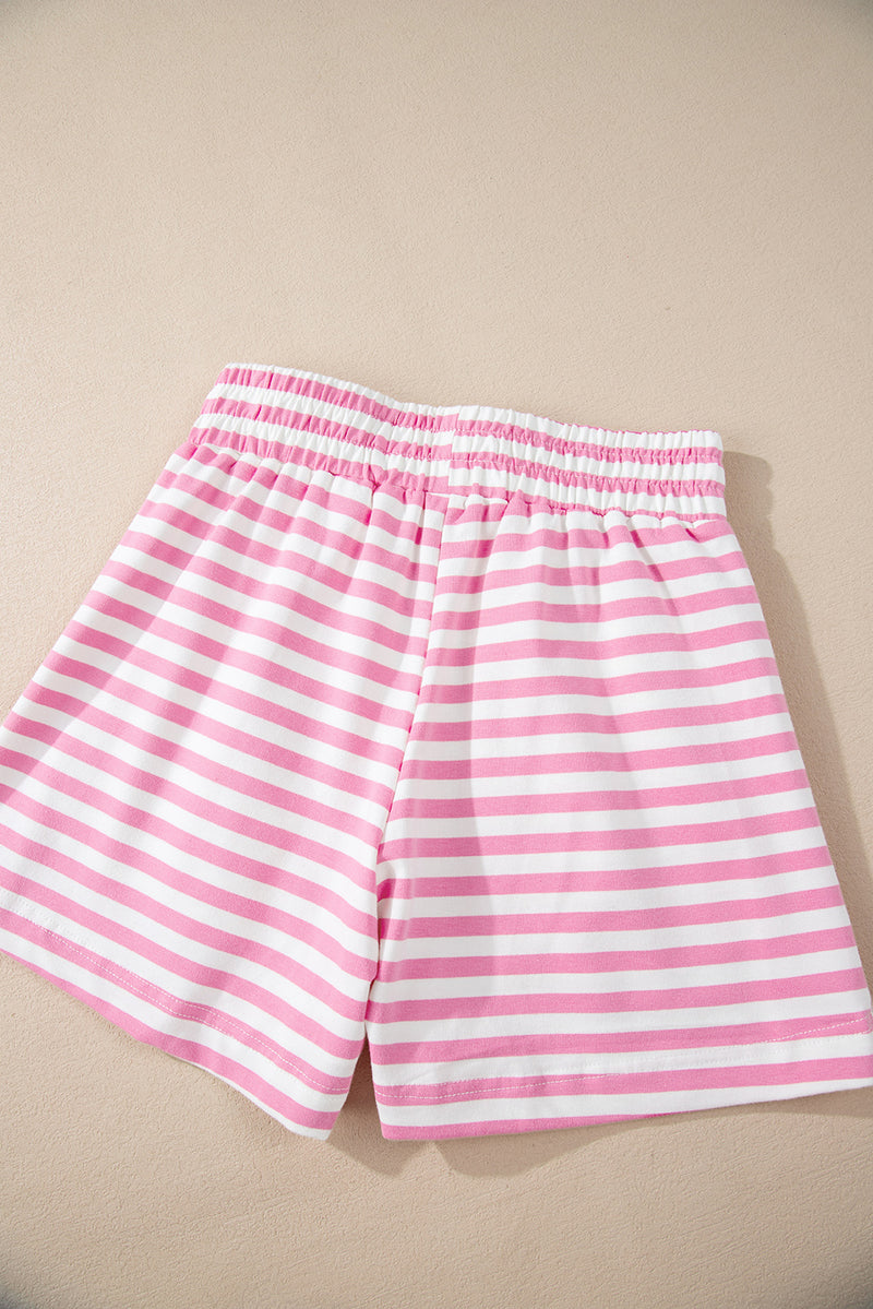 Pink Stripe Kangaroo Pocket Hoodie and Wide Leg Shorts Set