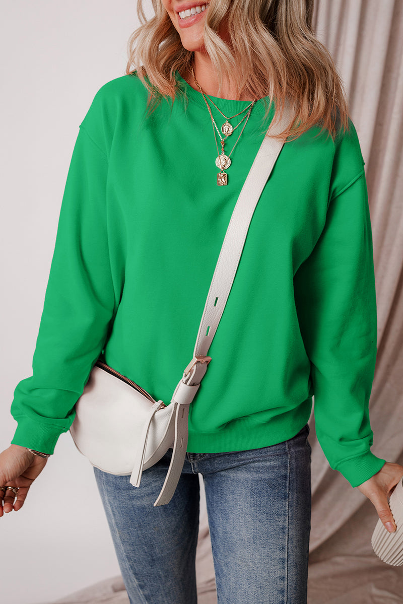 Smoke Green Solid Fleece Lined Drop Shoulder Terry Sweatshirt