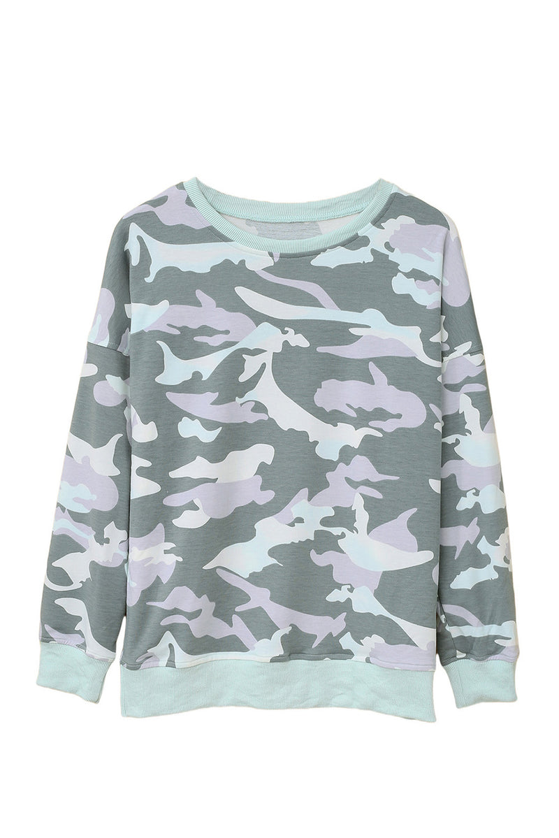 Green Camouflage Pullover Sweatshirt with Slits