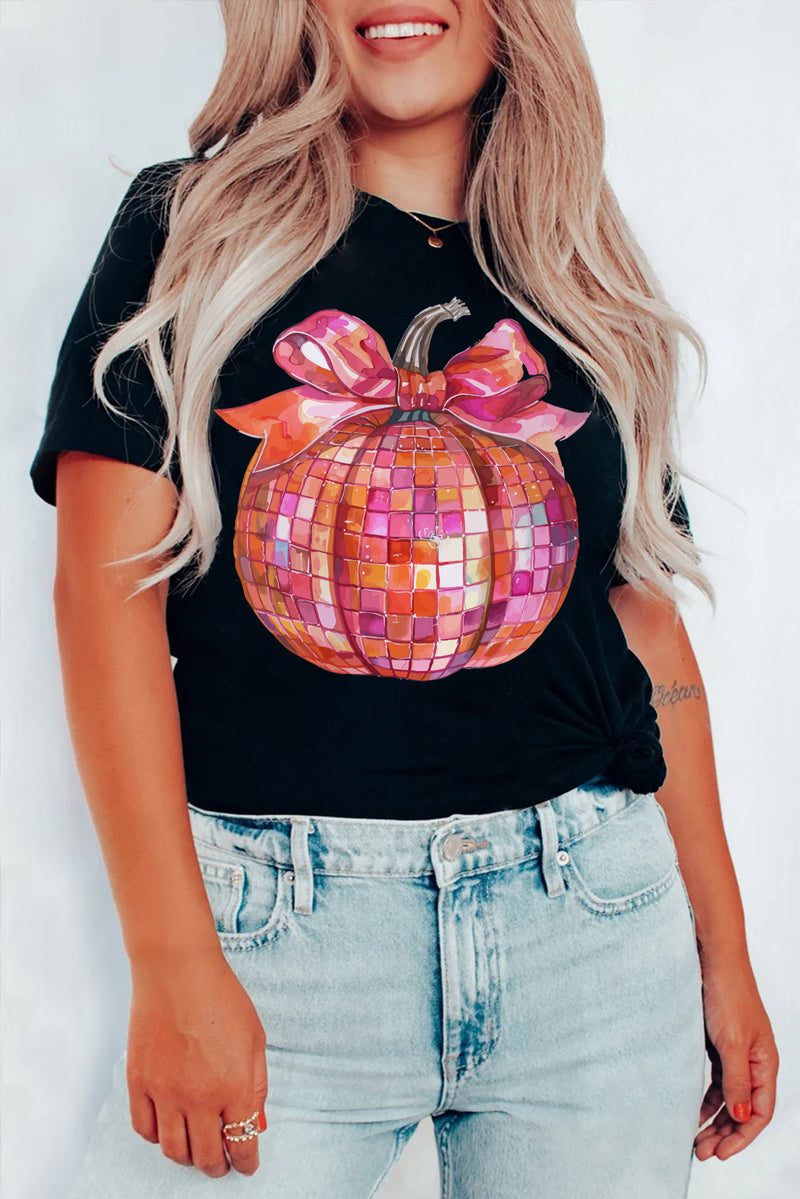 Black Bow Pumpkin Graphic Crewneck Thanksgiving T Shirt