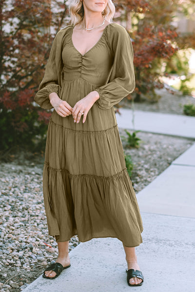 V Neck Bowknot Cutout Frill Tiered Maxi Dress