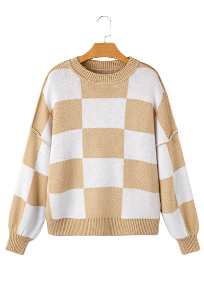 Rose Stripe Checkered Bishop Sleeve Sweater