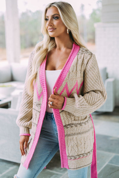 Gray Geometric Cable Knit Pocketed Open Front Cardigan