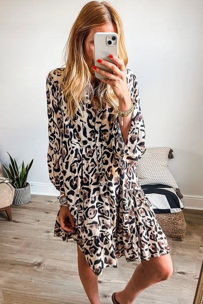 Rose Leopard Print Buttoned Front 3/4 Sleeve Tiered Ruffled Hem Dress