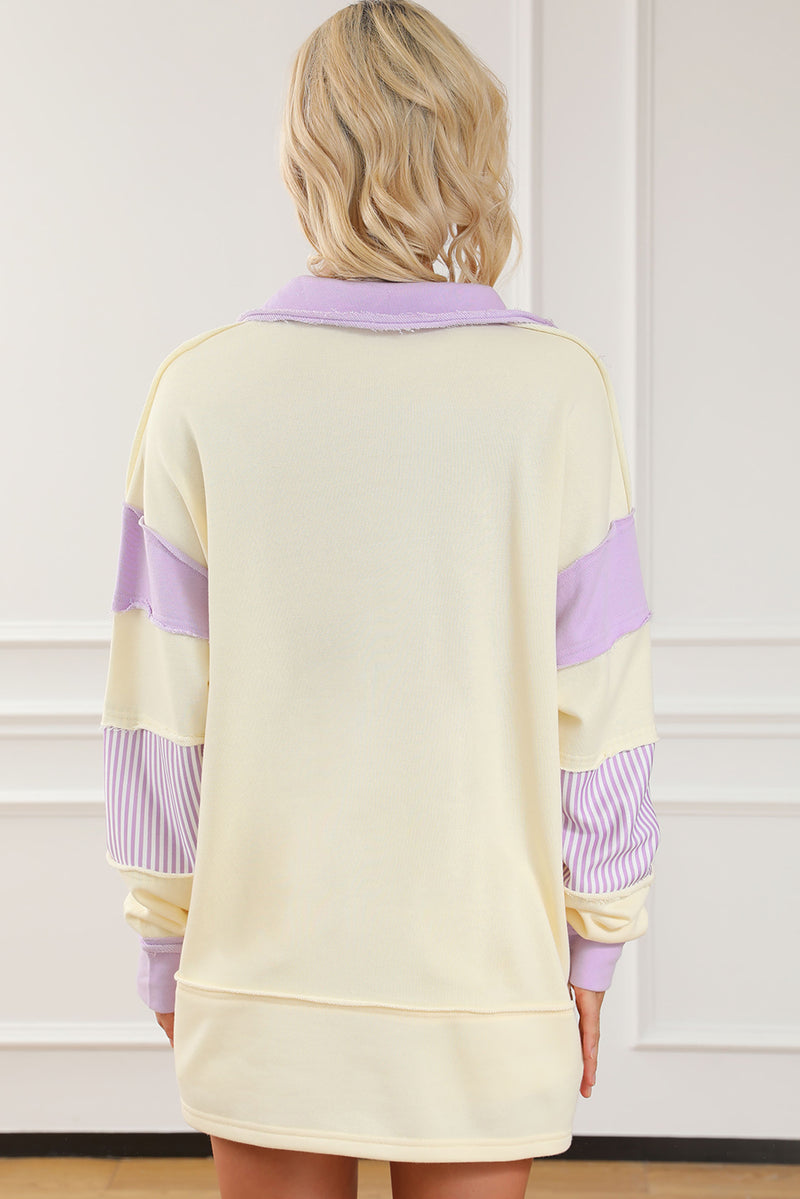 Colorblock Striped Split Neck Collared Sweatshirt