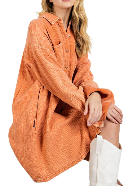 Orange Crinkled Pocket Oversized Shirt Dress