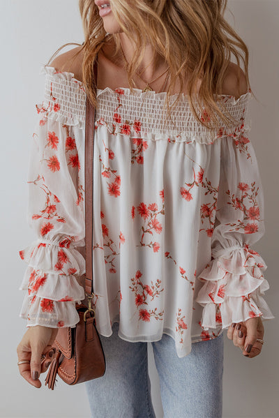 White Floral Print Shirred Off Shoulder Ruffled Sleeve Blouse