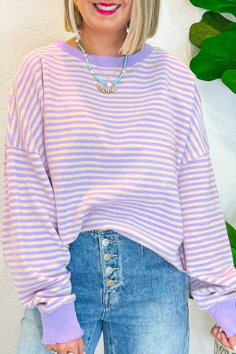 Green Stripe Loose Drop Shoulder Long Sleeve Top