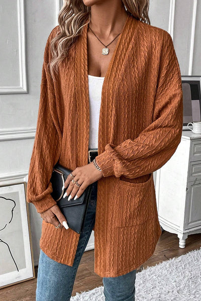 Textured Knit Side Pockets Open Front Cardigan